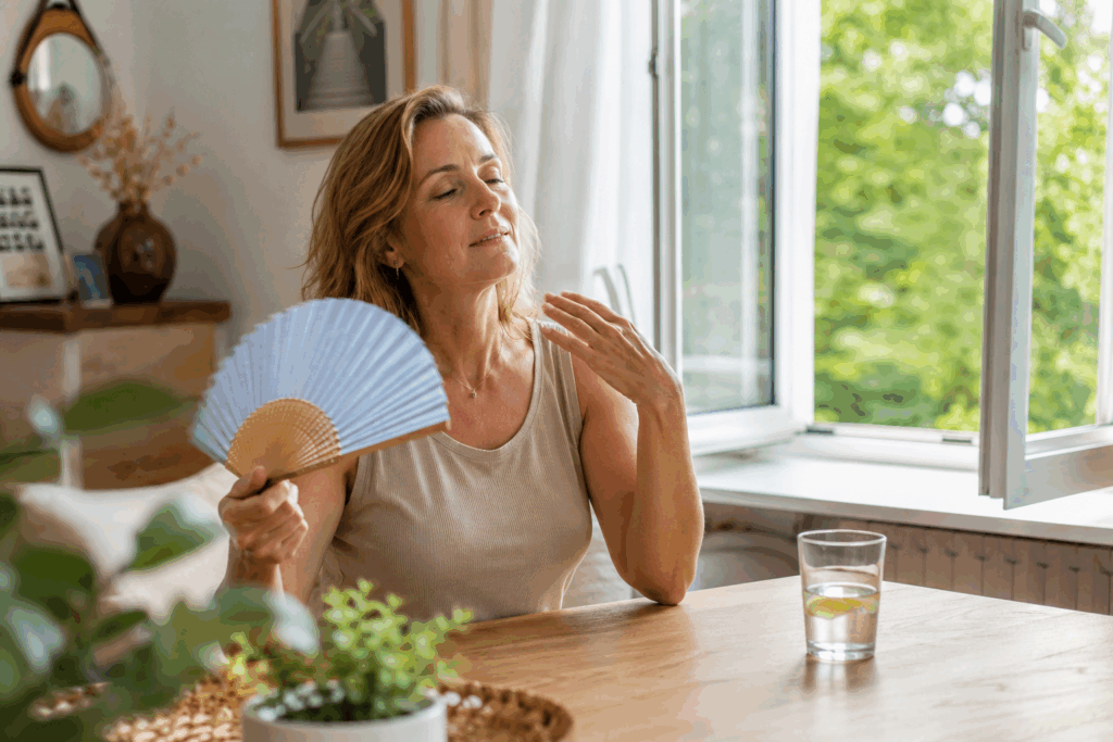 Žena počas menopauzy zažíva nával tepla a ovieva sa vejárom.