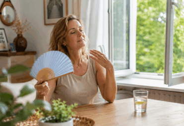 hlavný obrázok Žena počas menopauzy zažíva nával tepla a ovieva sa vejárom.