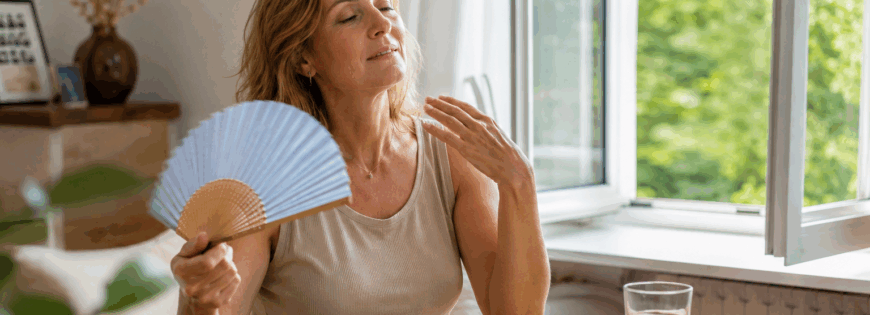 Žena počas menopauzy zažíva nával tepla a ovieva sa vejárom.